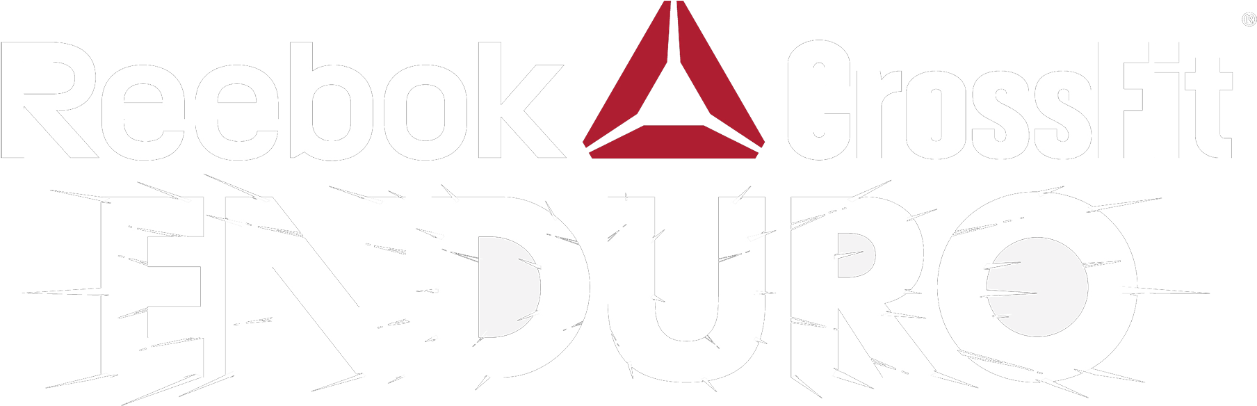 Reebok CrossFit Enduro標誌 壁紙 — 大膽的白色和紅色 Reebok CrossFit ENDURO 標誌，帶有碎裂效果，背景為黑色。