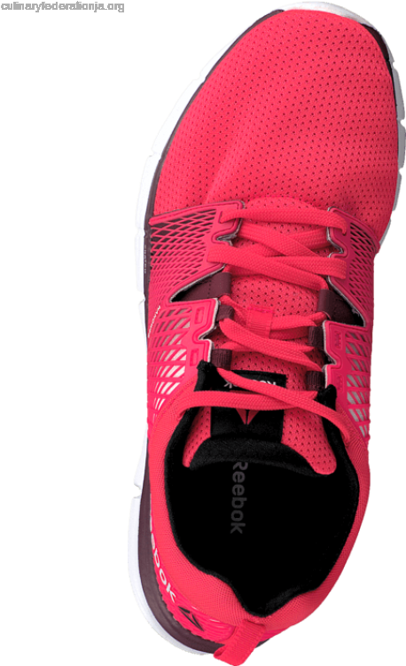 紅色 Reebok 跑步鞋頂視圖 壁紙 — 從上方俯瞰視角，一雙鮮粉紅色 Reebok 跑鞋搭配白色鞋底，置於黑色背景前。