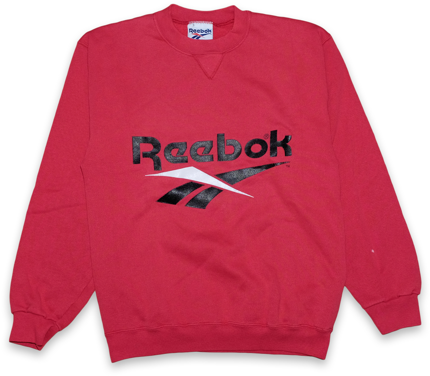 Reebok經典紅色衛衣 壁紙 — 一件鮮紅色嘅Reebok衛衣，上面有醒目嘅黑色標誌，平放喺純黑色背景上。