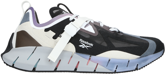 Reebok多彩運動鞋側面視圖 壁紙 — 一雙時尚的Reebok運動鞋，帶有黑色、米色和紫色點綴，以及一條白色帶子，背景透明。