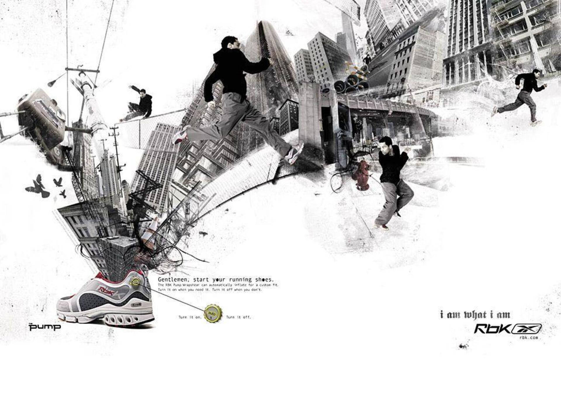 跑者在 Reebok Pump 運動鞋周圍跳過破碎的城市景觀。