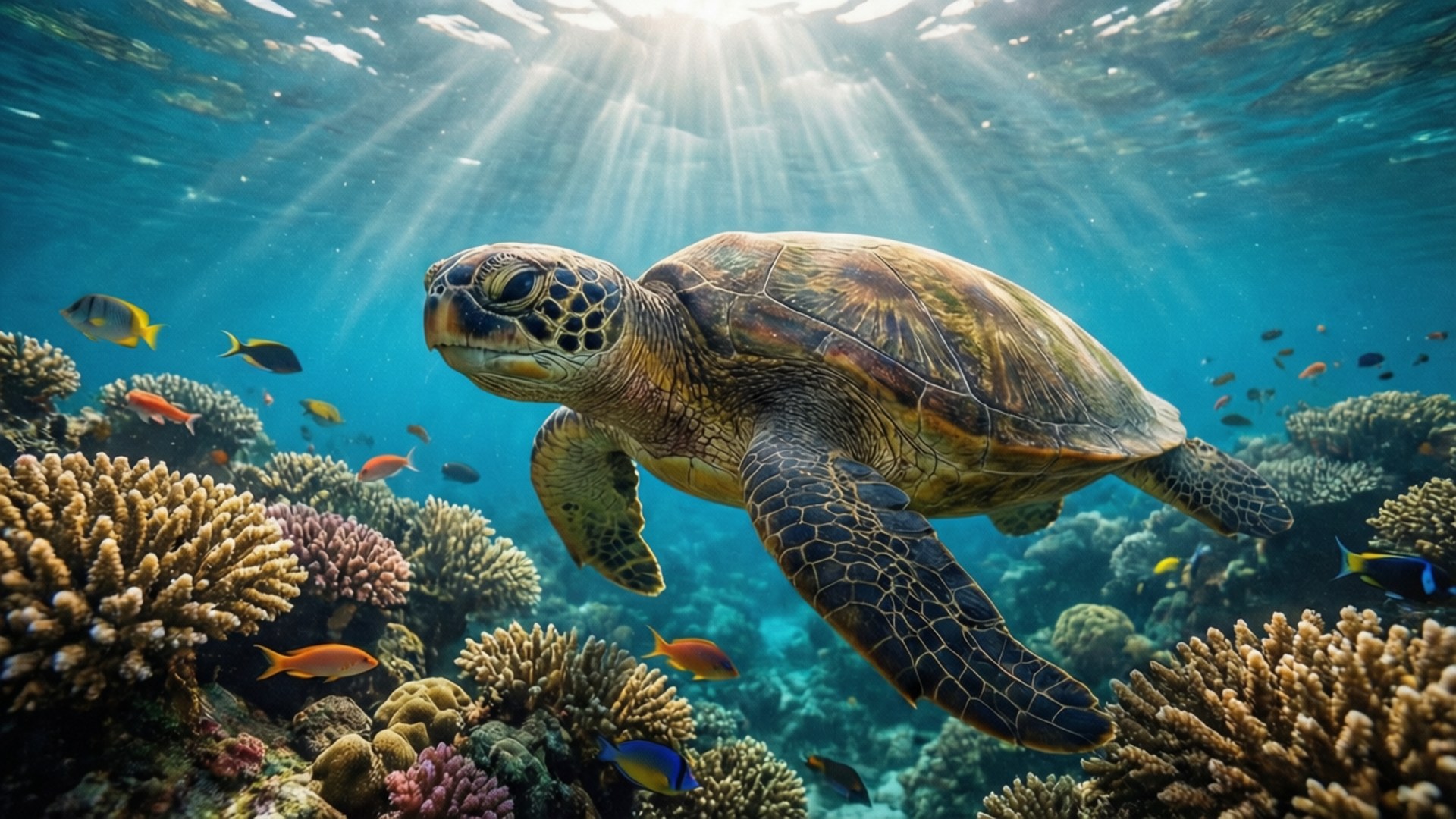 綠海龜在色彩繽紛的珊瑚和熱帶魚之間清澈的藍色海水中游泳。