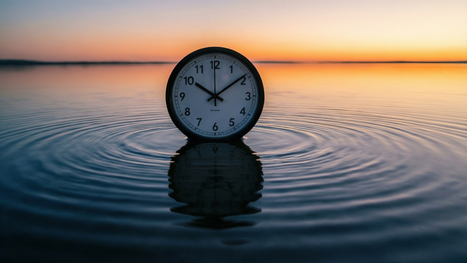 漂浮在水中的時鐘，帶有漣漪和夕陽倒影