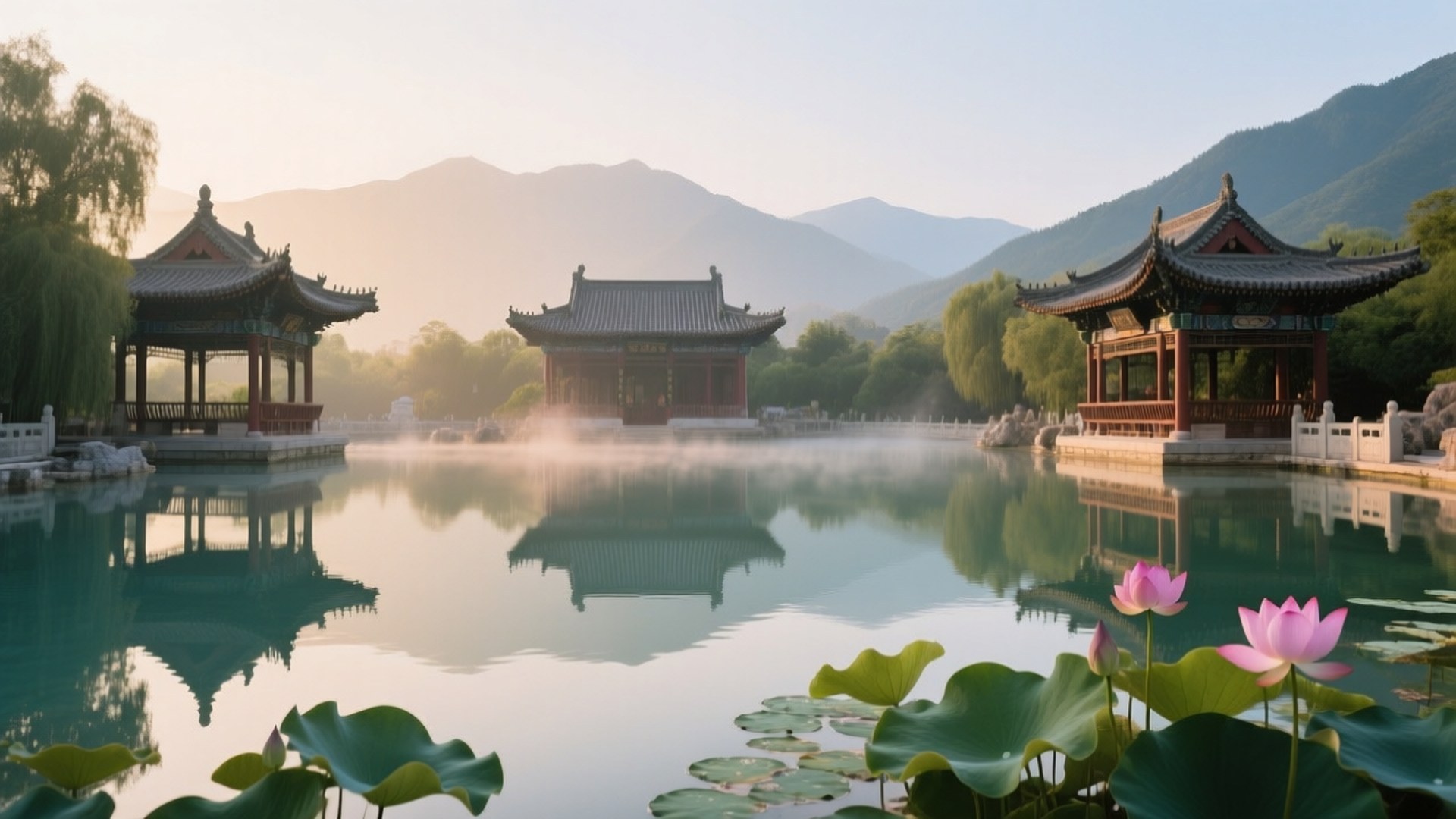 傳統中國亭閣倒映在霧氣瀰漫的湖中，前景有粉紅蓮花