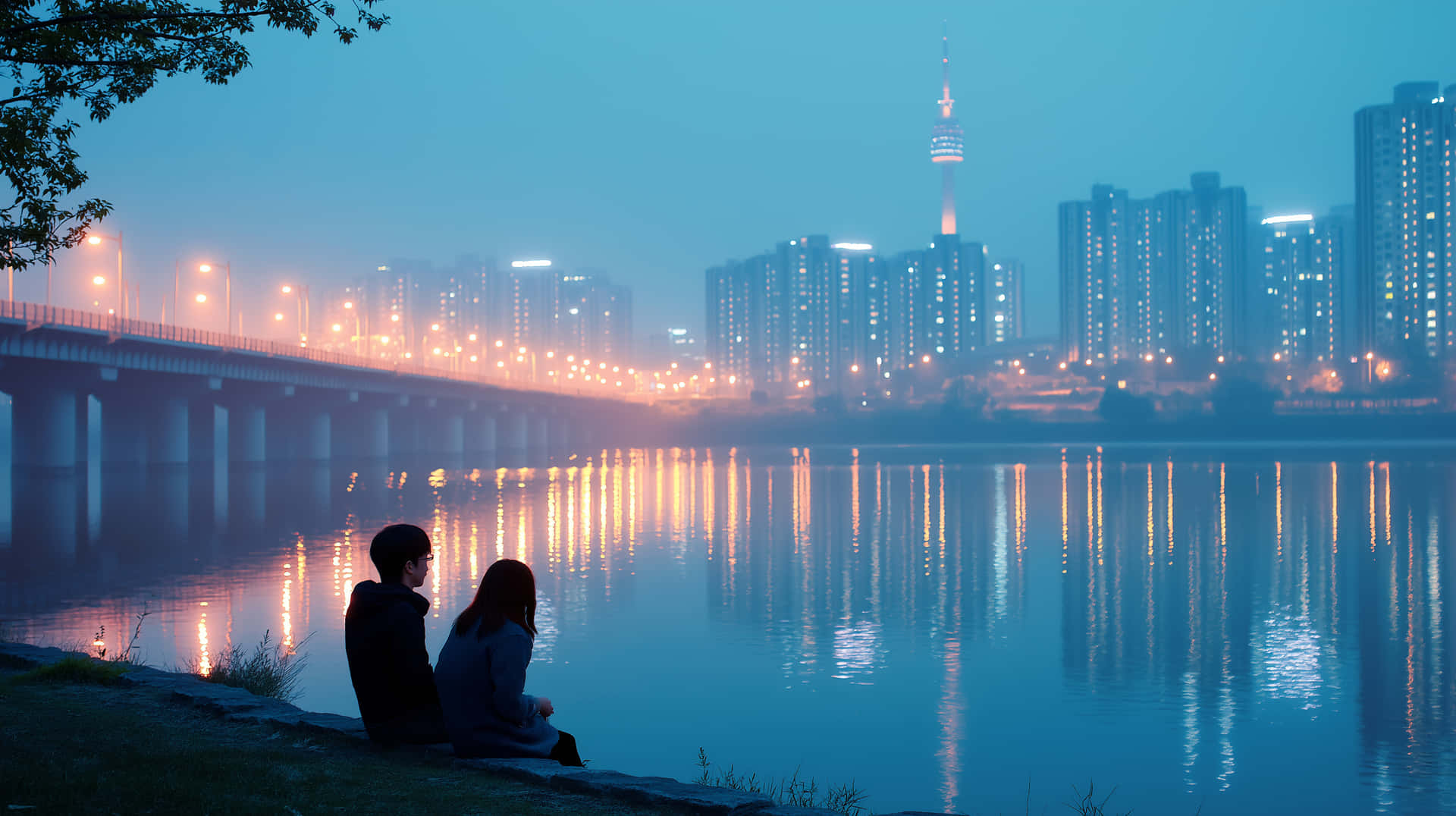 夜晚，兩個人坐在河邊，城市燈光倒映在水中。