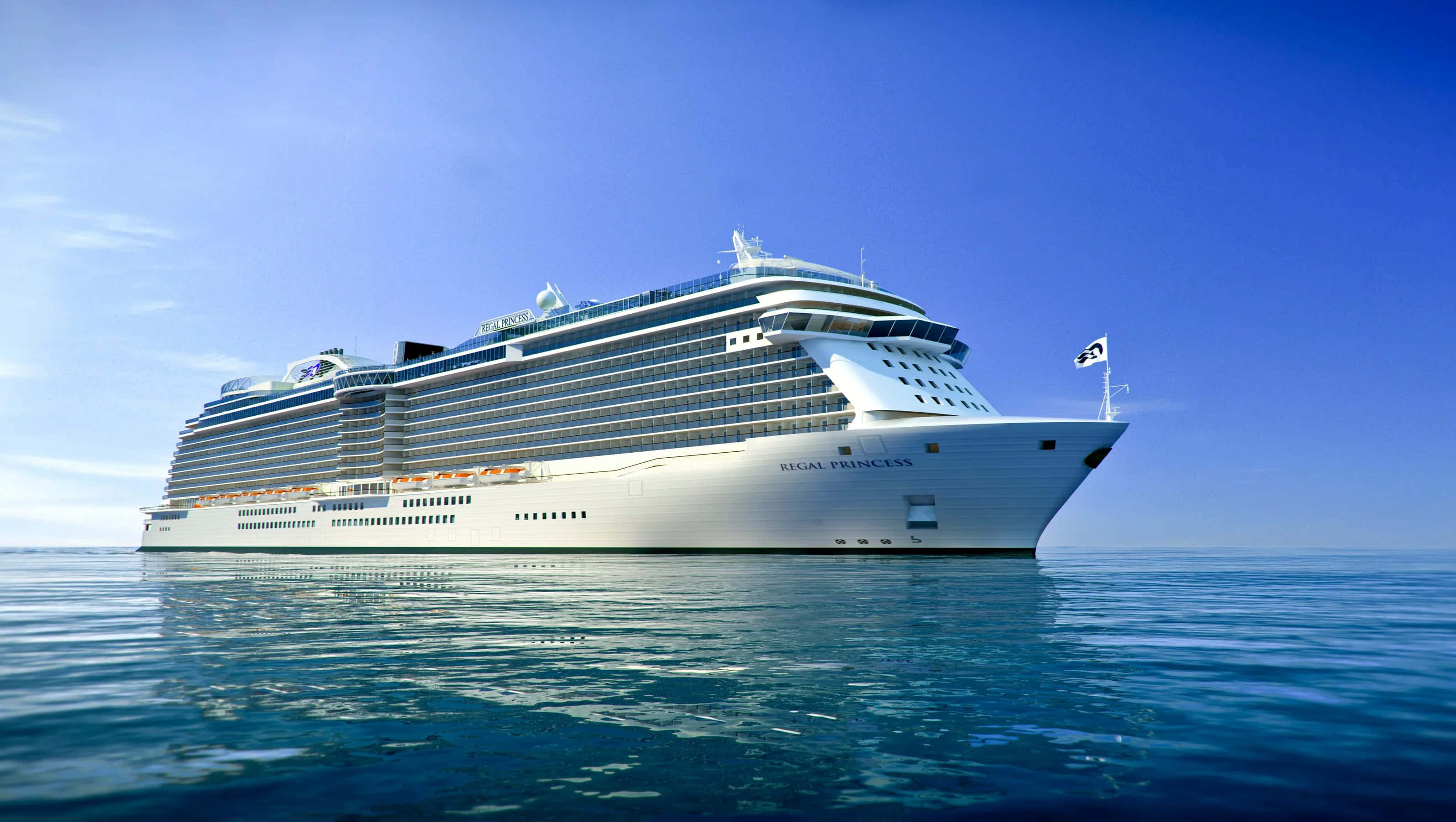 Ship 桌布 壁紙 — Regal Princess 郵輪在晴朗的藍天下，在平靜的碧綠海面上優雅地航行。