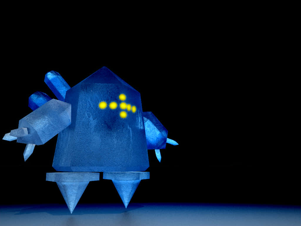 Regice 在冬季仙境中 壁紙 — 一個發光的藍色水晶機器人，胸前有黃色圓點，站在黑色背景前。