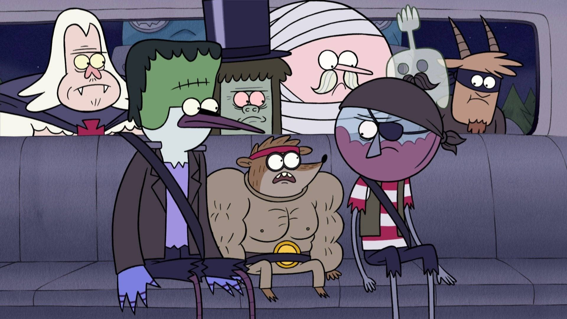 Regular Show 万聖節 壁紙 — 一輛卡通貨車載滿了像科學怪人和吸血鬼這樣嚇人的角色，他們看起來很吃驚。