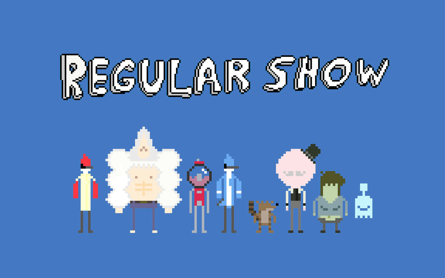 日常工作 桌布 壁紙 — 《Regular Show》嘅像素藝術角色喺實心藍色背景上、節目標題下面排成一排。