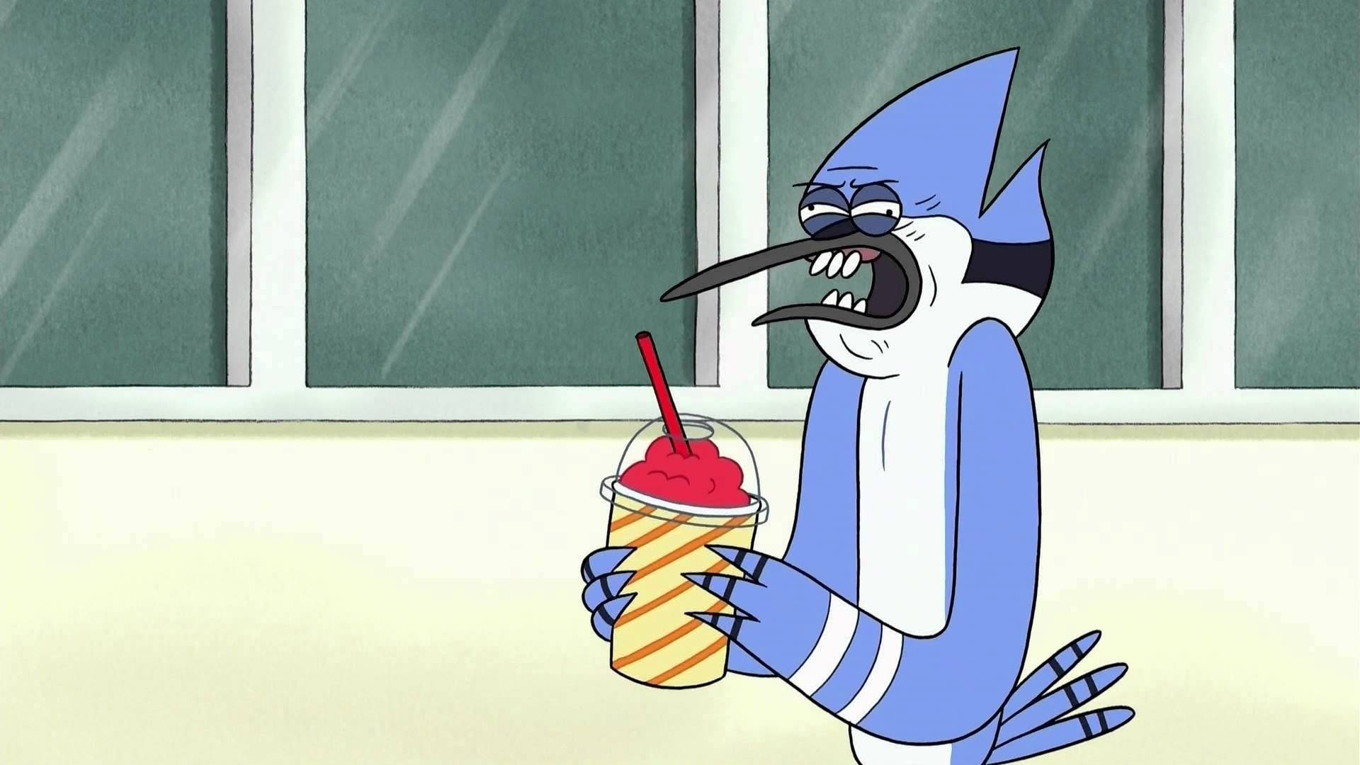 《Regular Show》搞笑莫德凱 壁紙 — 一隻藍色卡通鳥，長著長長的喙，在雨窗前拿著紅色思樂冰，看起來很惱火。