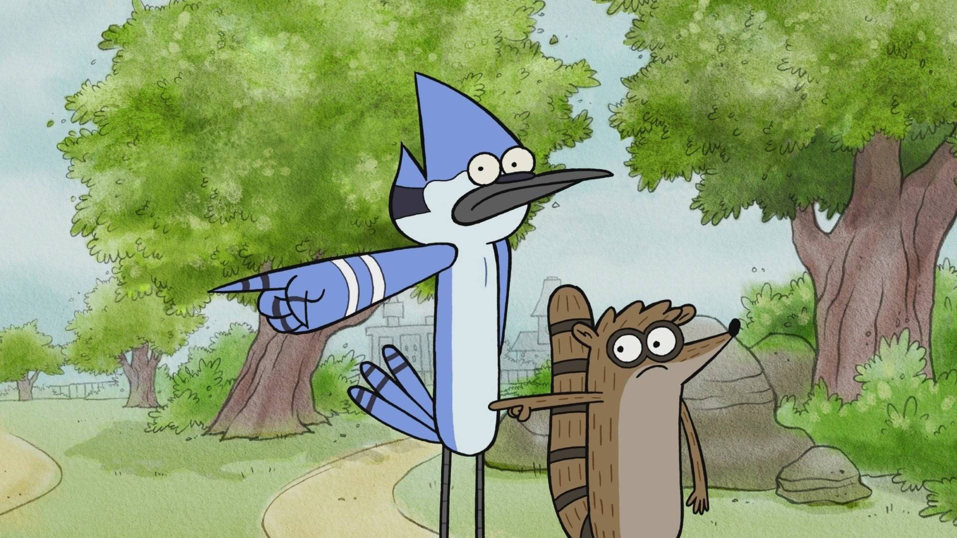 Regular Show 最佳拍檔 壁紙 — 一隻藍鳥和一隻浣熊站在茂密的綠色森林中，指著螢幕外的某樣東西，表情驚訝。