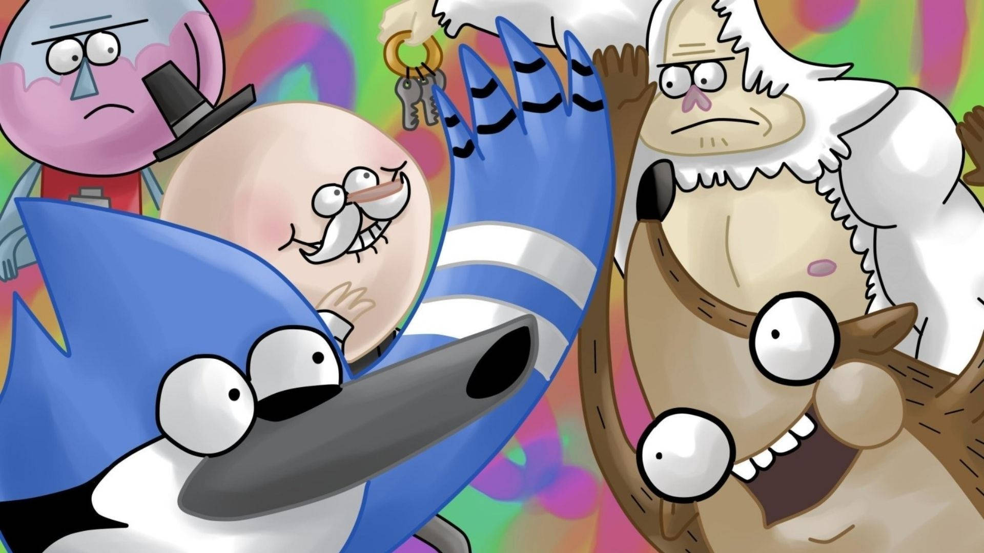 《Regular Show》歡樂群像 壁紙 — 卡通角色帶有誇張表情和鮮豔色彩，處於混亂且風格化的場景中。