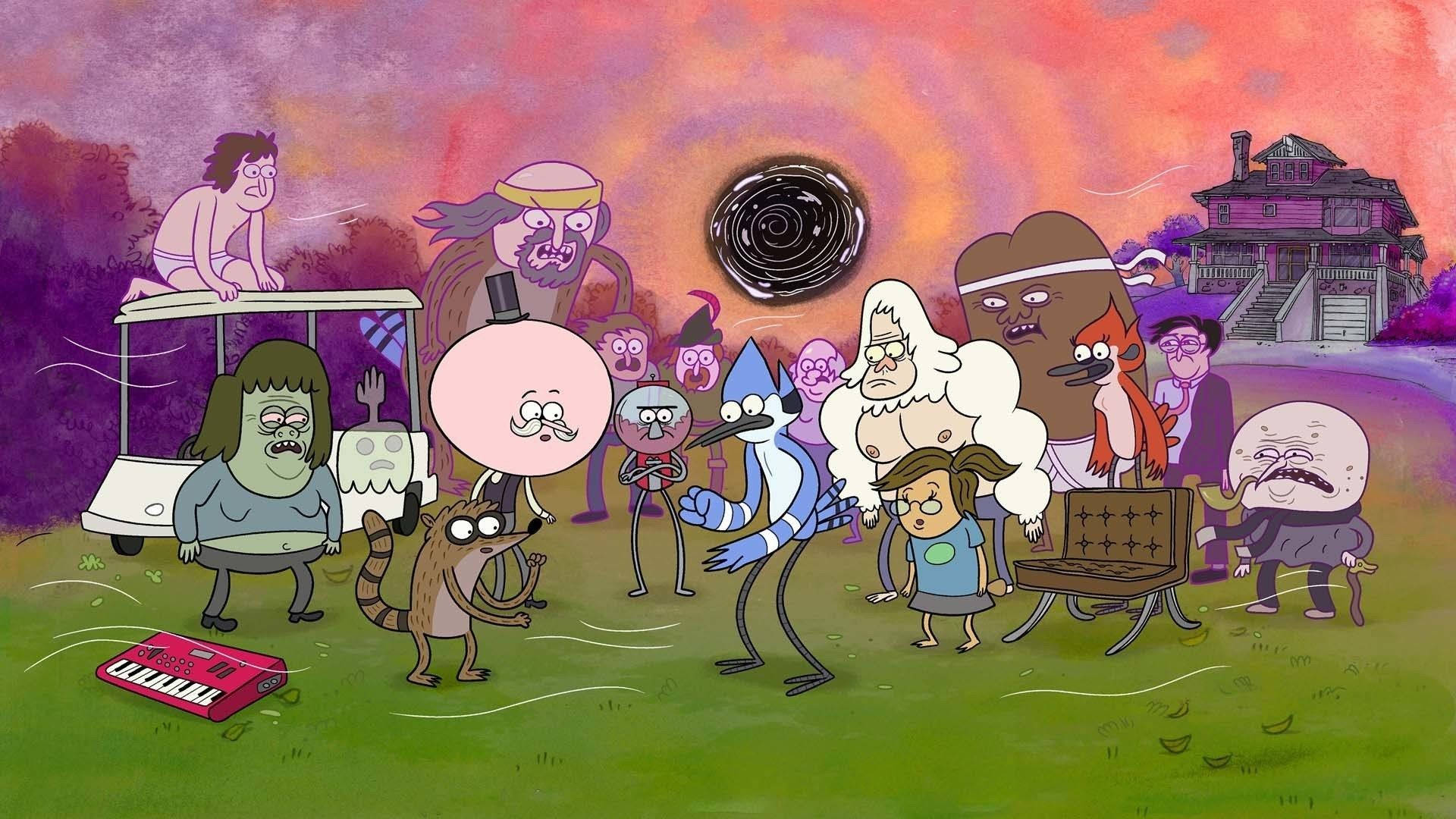 《Regular Show》激烈對決 壁紙 — 一個超現實的動畫場景，有古怪的卡通人物聚集在充滿活力的紫色和橙色日落景觀中。