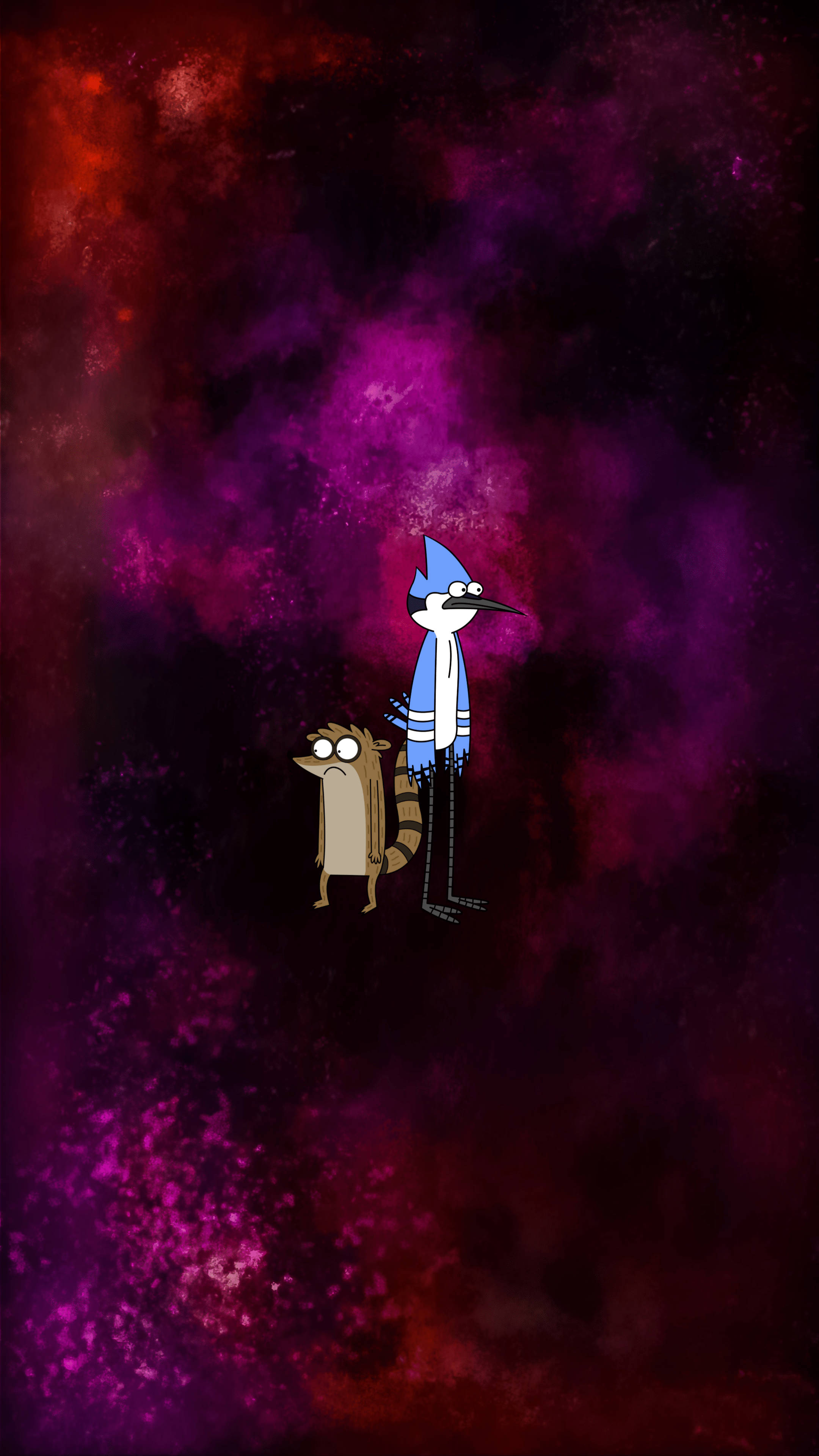 《Regular Show》神秘之地 壁紙 — 兩個卡通角色站在深紫色和紅色星雲旋轉的宇宙背景前。