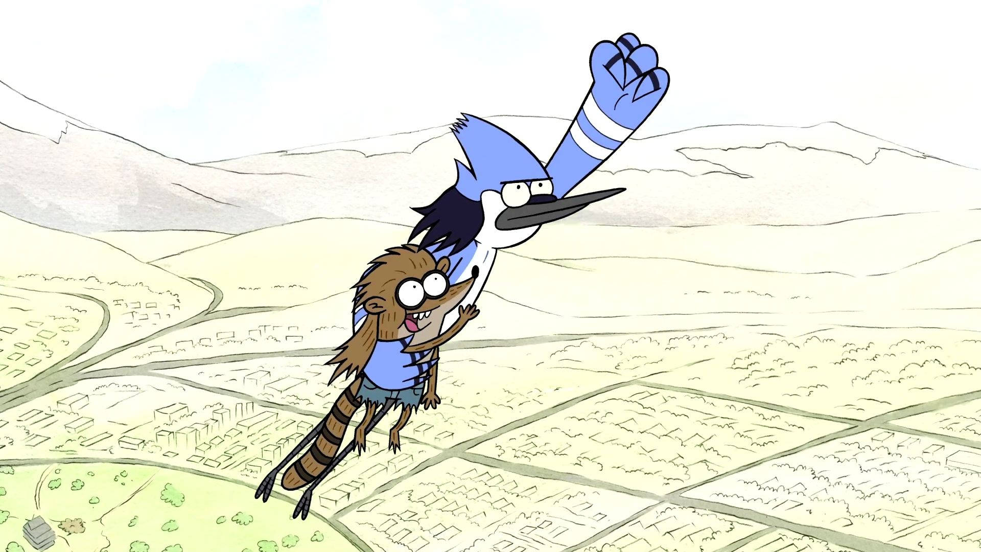 Regular Show 英雄 Mordecai 壁紙 — 一隻藍鳥和一隻浣熊在風格化的景觀上歡快地翱翔，下方是起伏的山丘和城市街區。