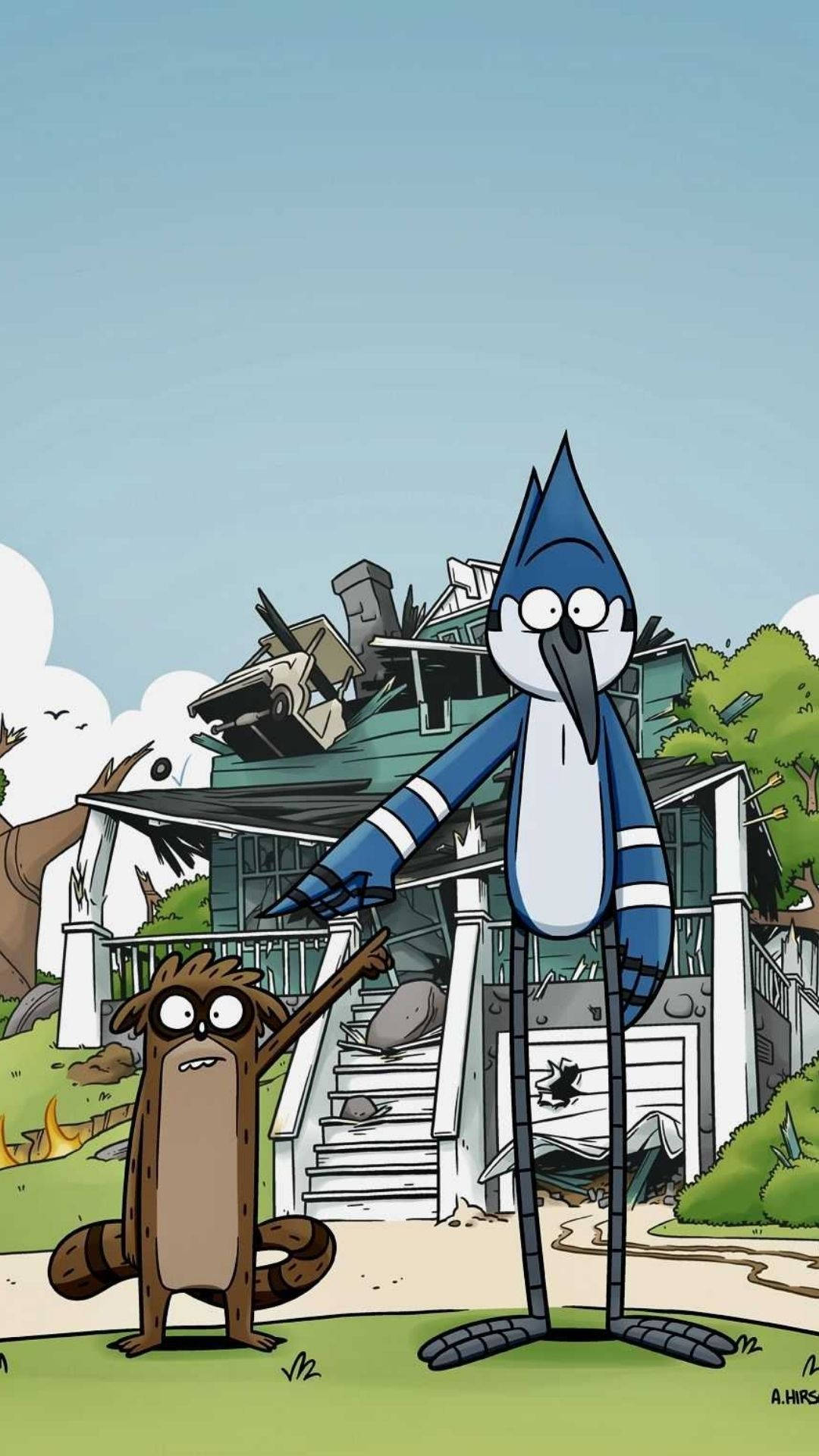 Regular Show 責怪 壁紙 — 一隻卡通浣熊和藍鴉站在一間被毀壞的房子前，背景有碎片和一輛損壞的汽車。