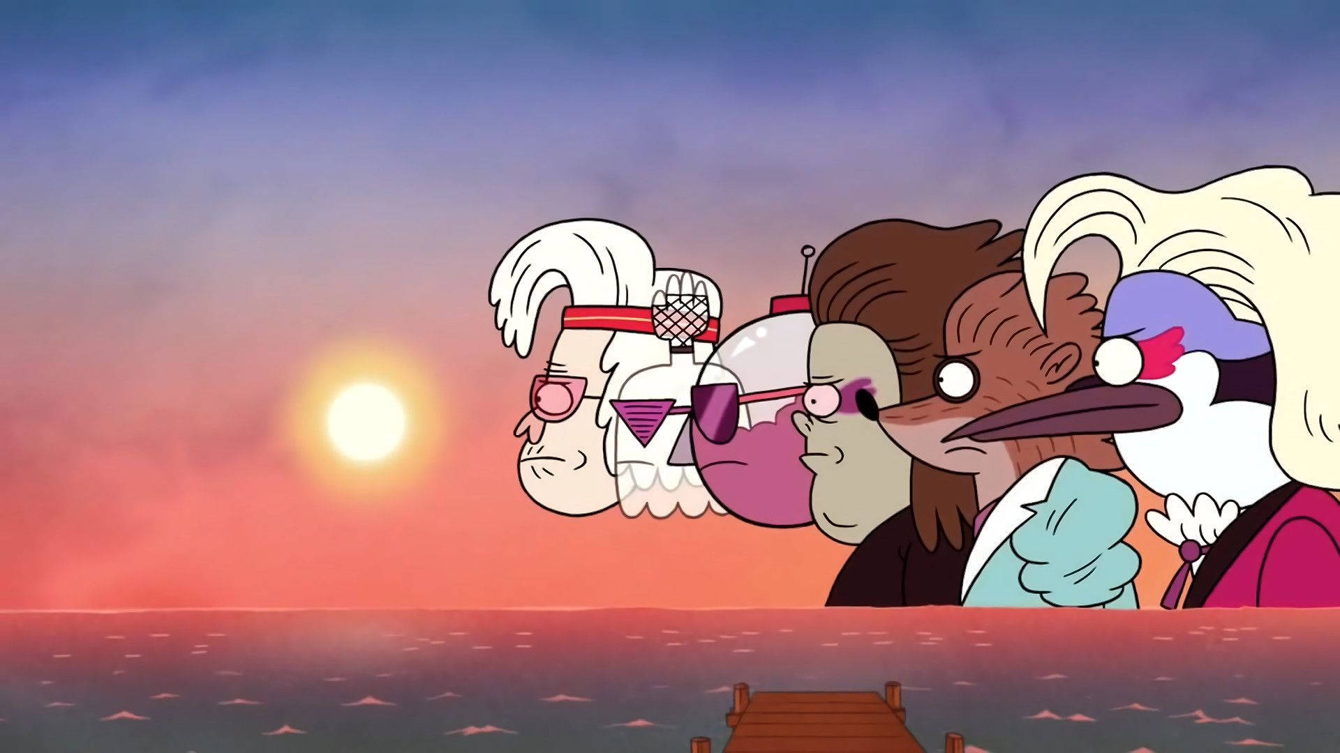 《Regular Show》長髮風景 壁紙 — 四個戴太陽眼鏡的卡通人物凝視著平靜海洋上夕陽西下的發光太陽。