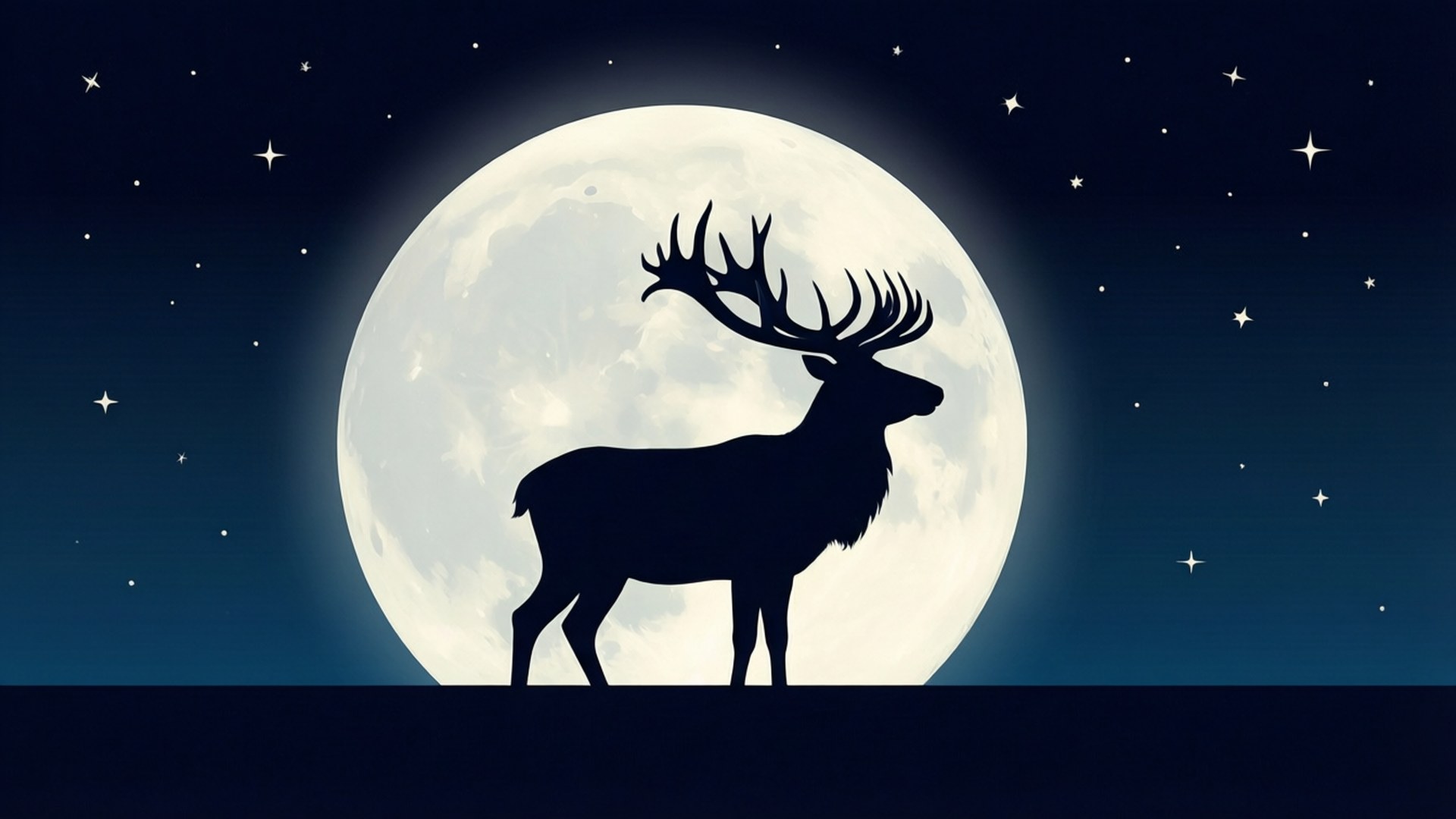 Silhouette of a deer standing under a full moon and stars at night. 壁紙