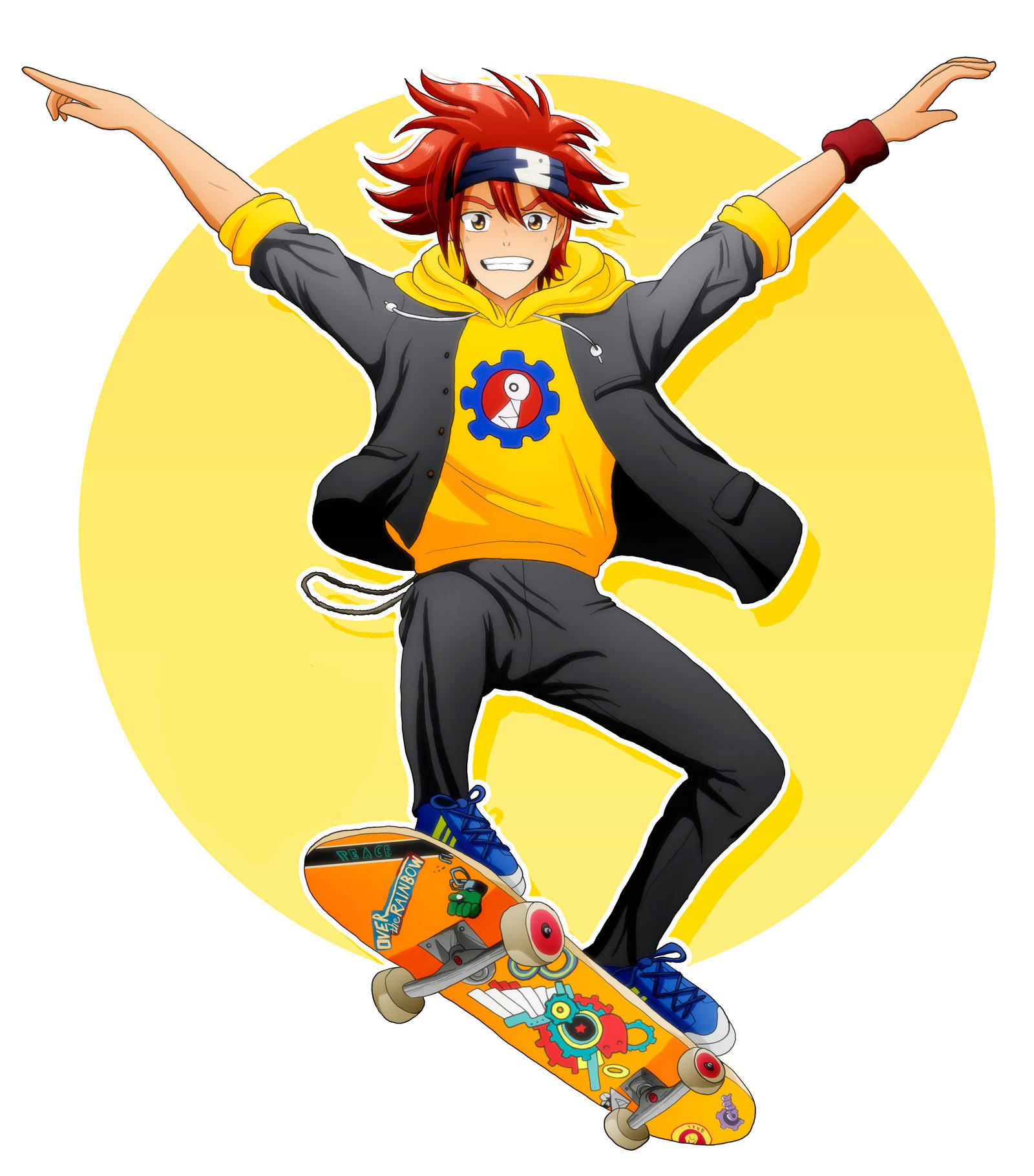 Reki 風滑板少年美學 壁紙 — 一個充滿活力的動漫男孩，紅髮黃色連帽衫，在色彩繽紛的滑板上騰空咧嘴笑，背景是明亮的黃色圓形。