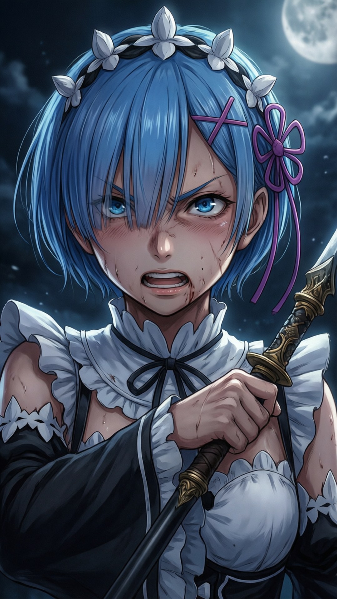 藍髮動漫女僕在月光下持劍，臉上沾滿血