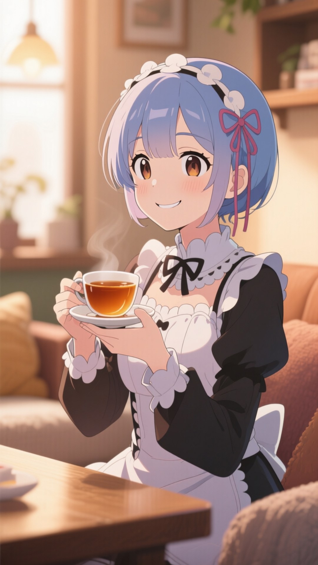 藍髮動漫女僕在舒適的咖啡館裡奉茶