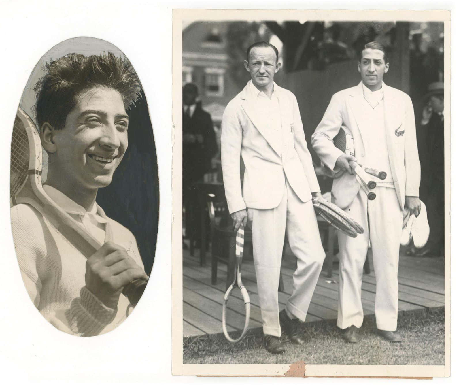 René Lacoste 與同伴微笑合影 壁紙 — 復古棕褐色調照片顯示一位微笑的網球運動員的橢圓形肖像，以及兩位穿著白色西裝的男士在戶外拿著球拍。