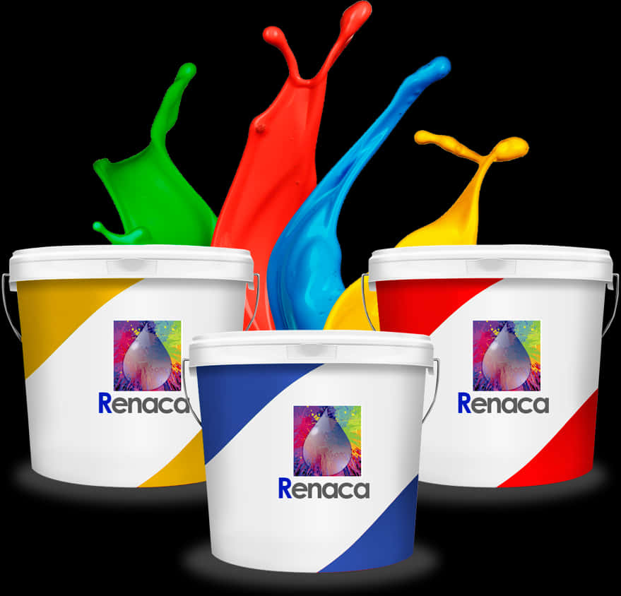 彩色油漆桶飛濺 Renaca 壁紙 — 鮮豔的油漆飛濺從有品牌的桶中噴出，背景是純黑色。