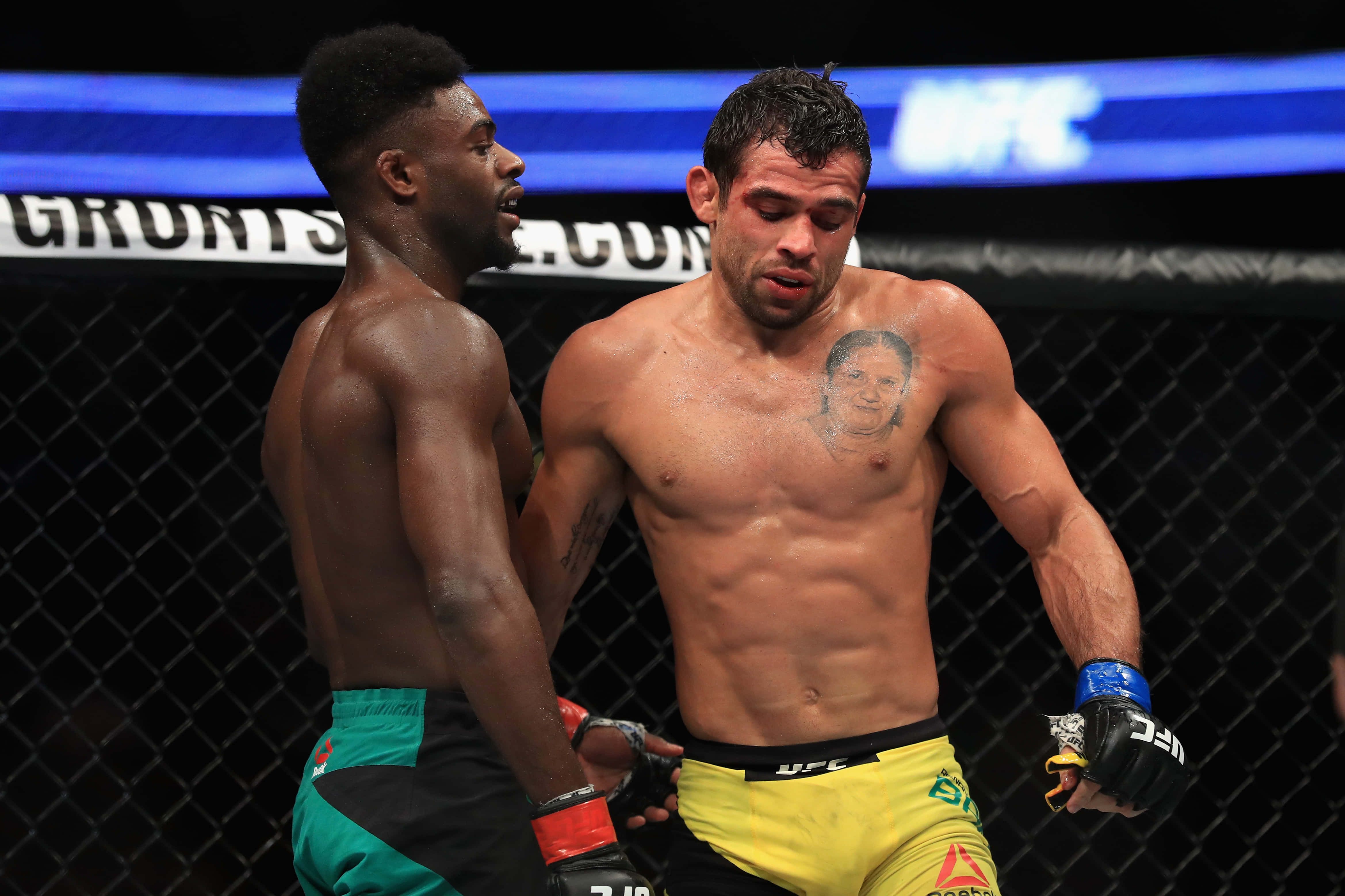 Renan Barão對戰Aljamain Sterling 壁紙 — 兩名肌肉發達的MMA拳手在明亮的場館燈光下於UFC八角籠中對峙。