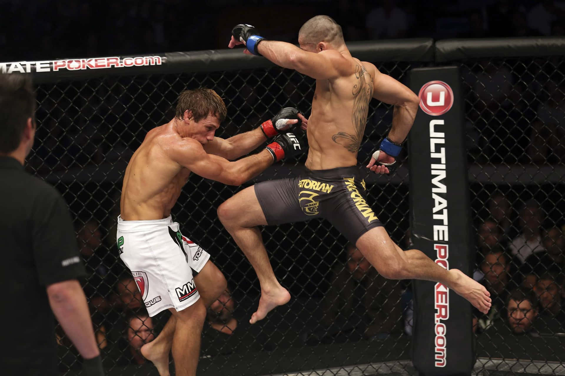 Renan Barão於UFC比賽中躍起攻擊對手 壁紙 — 兩名MMA拳手在八角籠中交鋒，一人使出高踢，另一人在明亮的場館燈光下格擋。