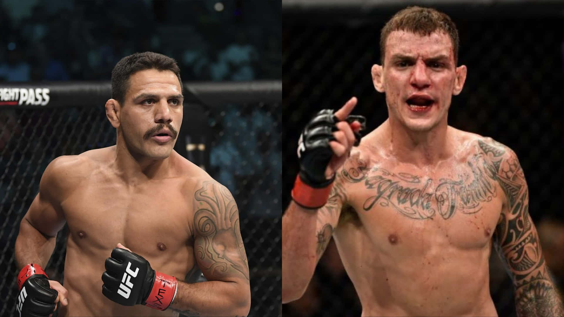 Renato Moicano 不敵 Dos Anjos 壁紙 — 兩名肌肉發達的MMA拳手在籠中，一人冷靜帶紋身，另一人咆哮，滿臉鮮血，戴著手套的拳頭。