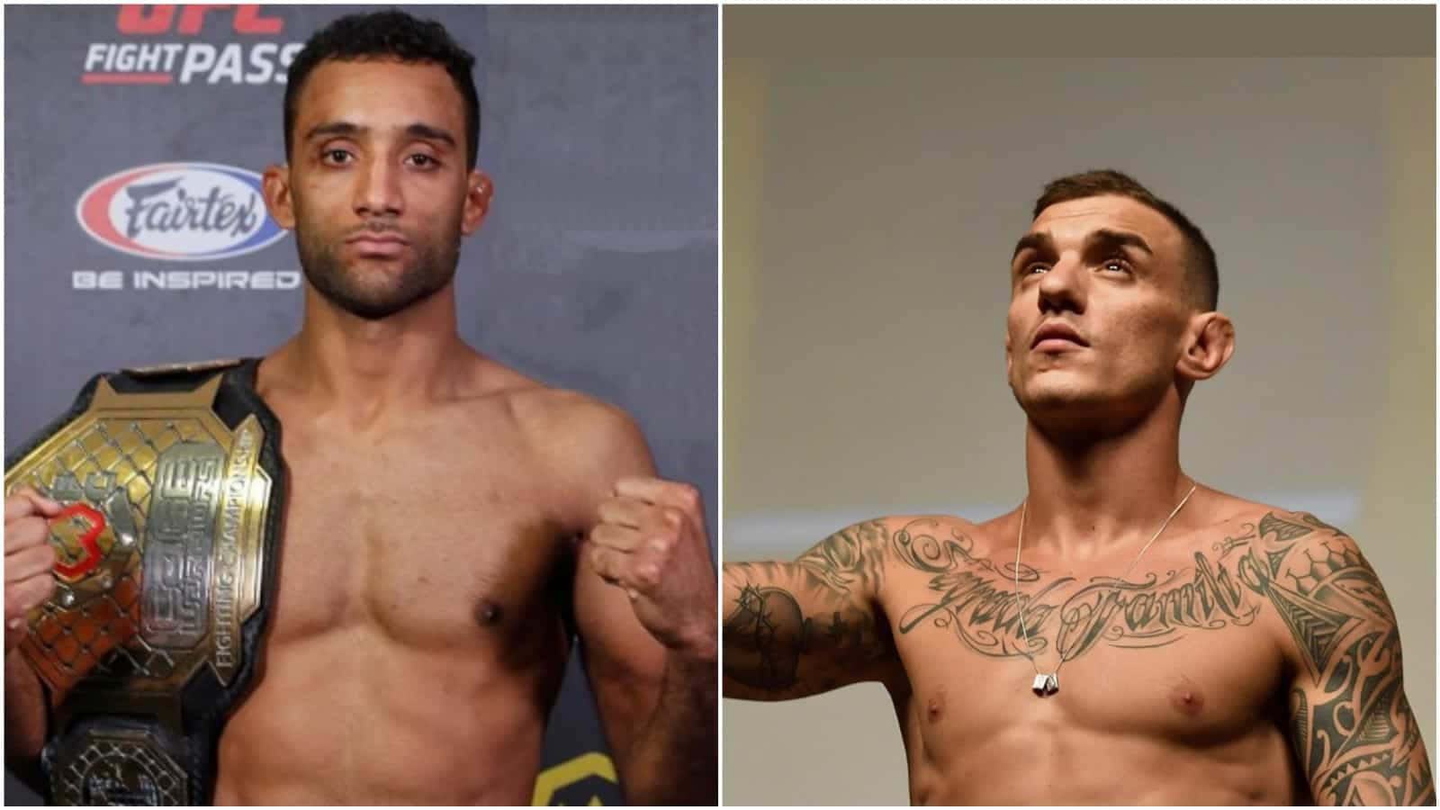 兩名赤裸上身的UFC拳手，一人手持冠軍腰帶，另一人有紋身向上望。