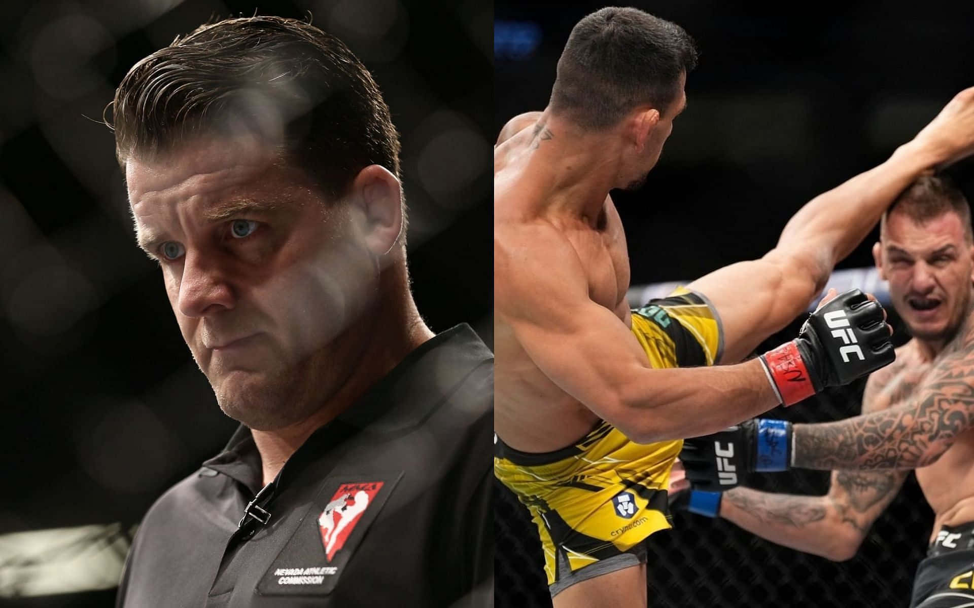 UFC裁判監督一場高能量的MMA比賽，拳手們正在激烈對戰。