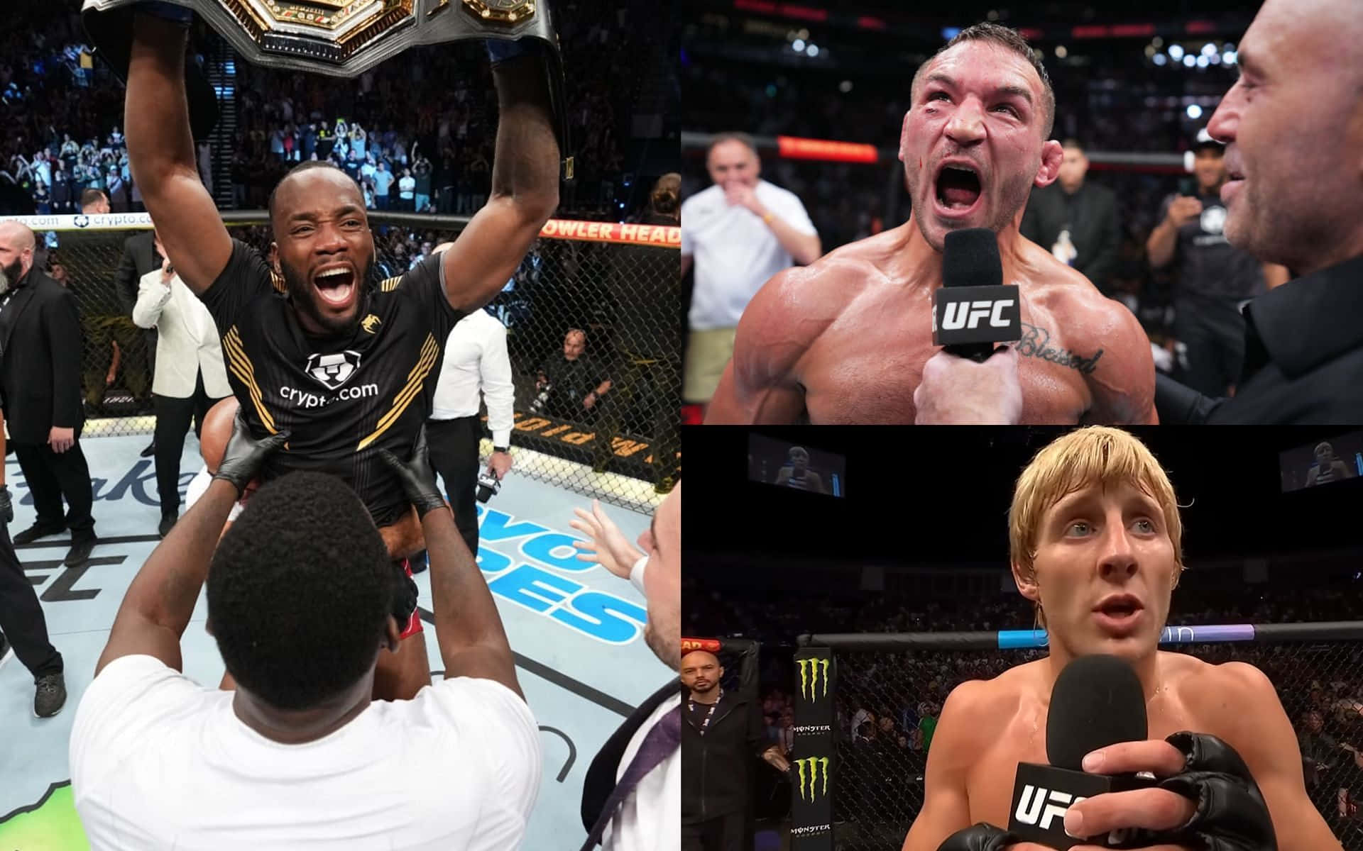 UFC 拳手在八角籠內慶祝勝利並與媒體交談。