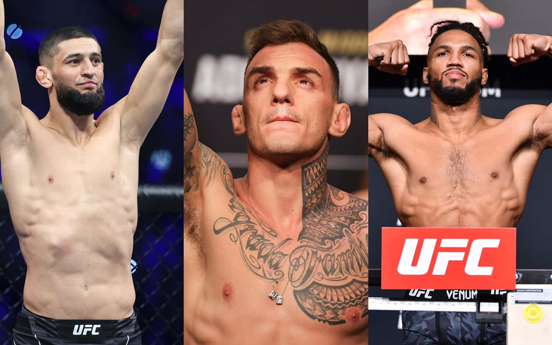 三位UFC拳手在八角籠中展示肌肉並慶祝。