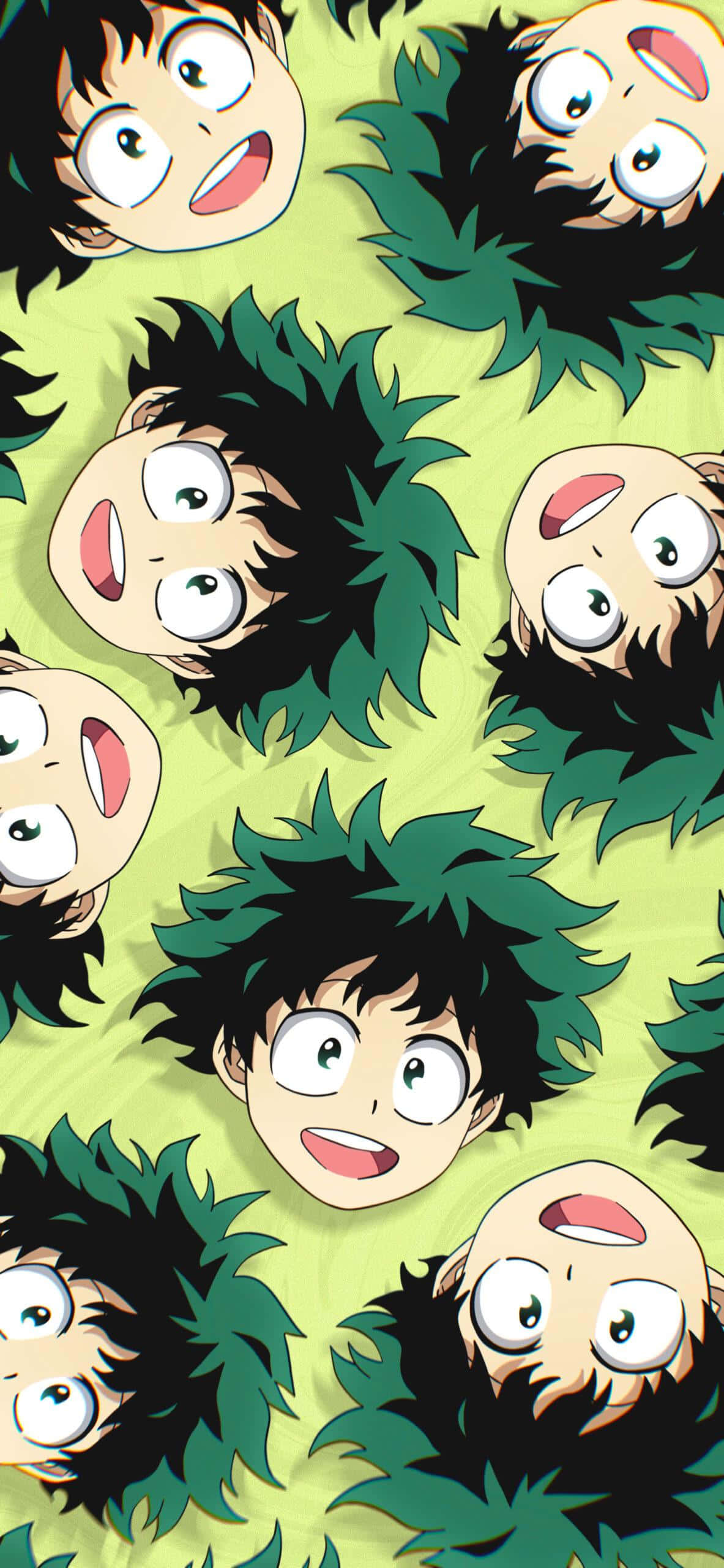 Dark Deku 桌布 壁紙 — 重複的動漫角色面孔，帶有尖刺的綠色頭髮和大眼睛，在淡黃色背景上。