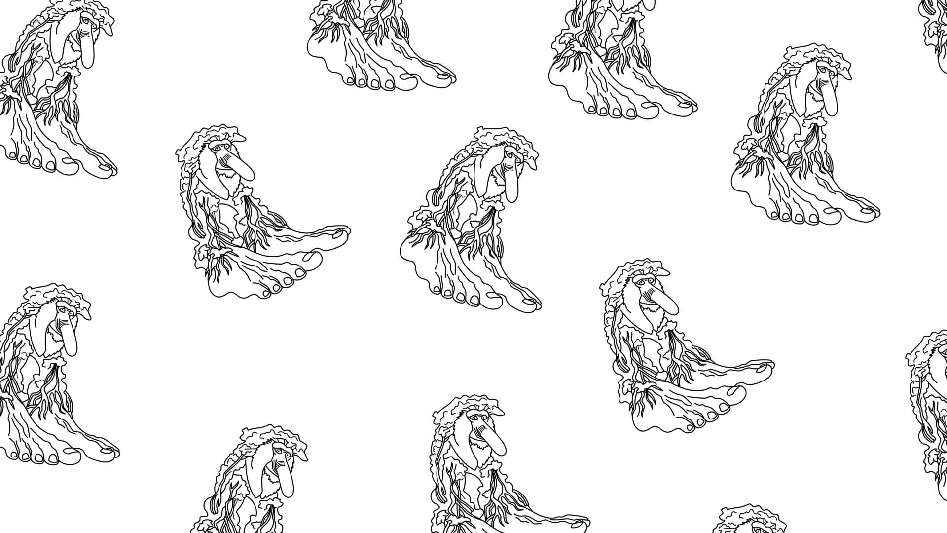  壁紙 — 重複的黑白線條藝術，描繪奇幻的樹根生物，長鼻子和飄逸的頭髮。