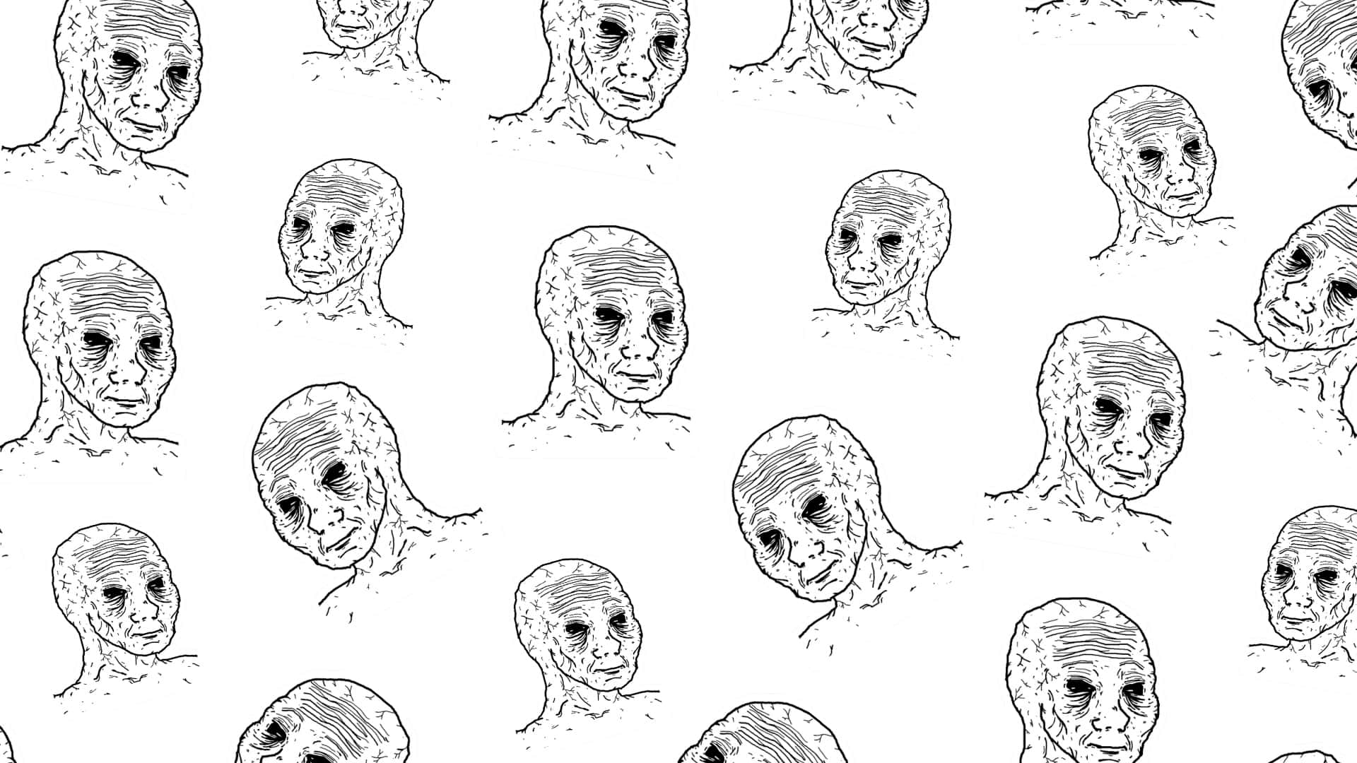  壁紙 — 重複的黑白線條繪畫，描繪令人毛骨悚然且富有表現力的外星人頭部，形成無縫圖案。