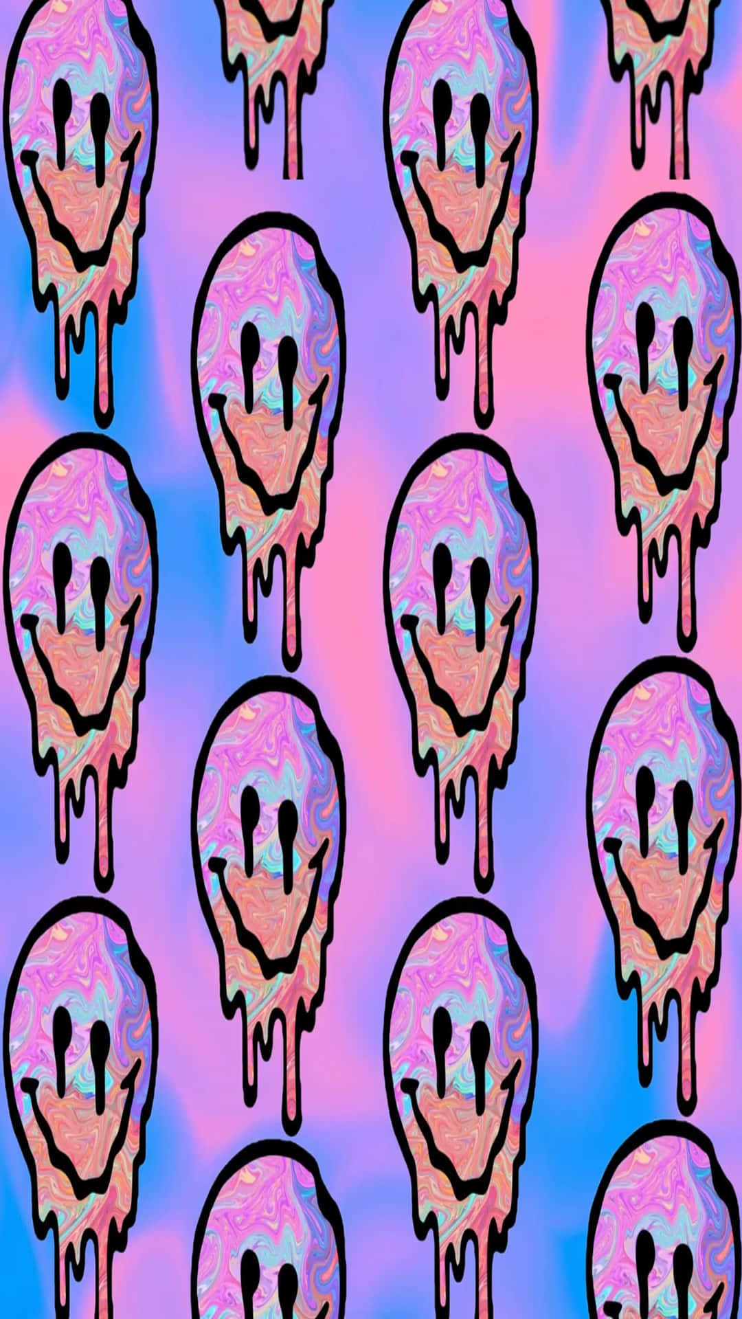 iPhone Trippy Smiley Face 桌布 壁紙 — 重複滴落笑臉，帶有迷幻漩渦，在漸變紫色和藍色背景上。
