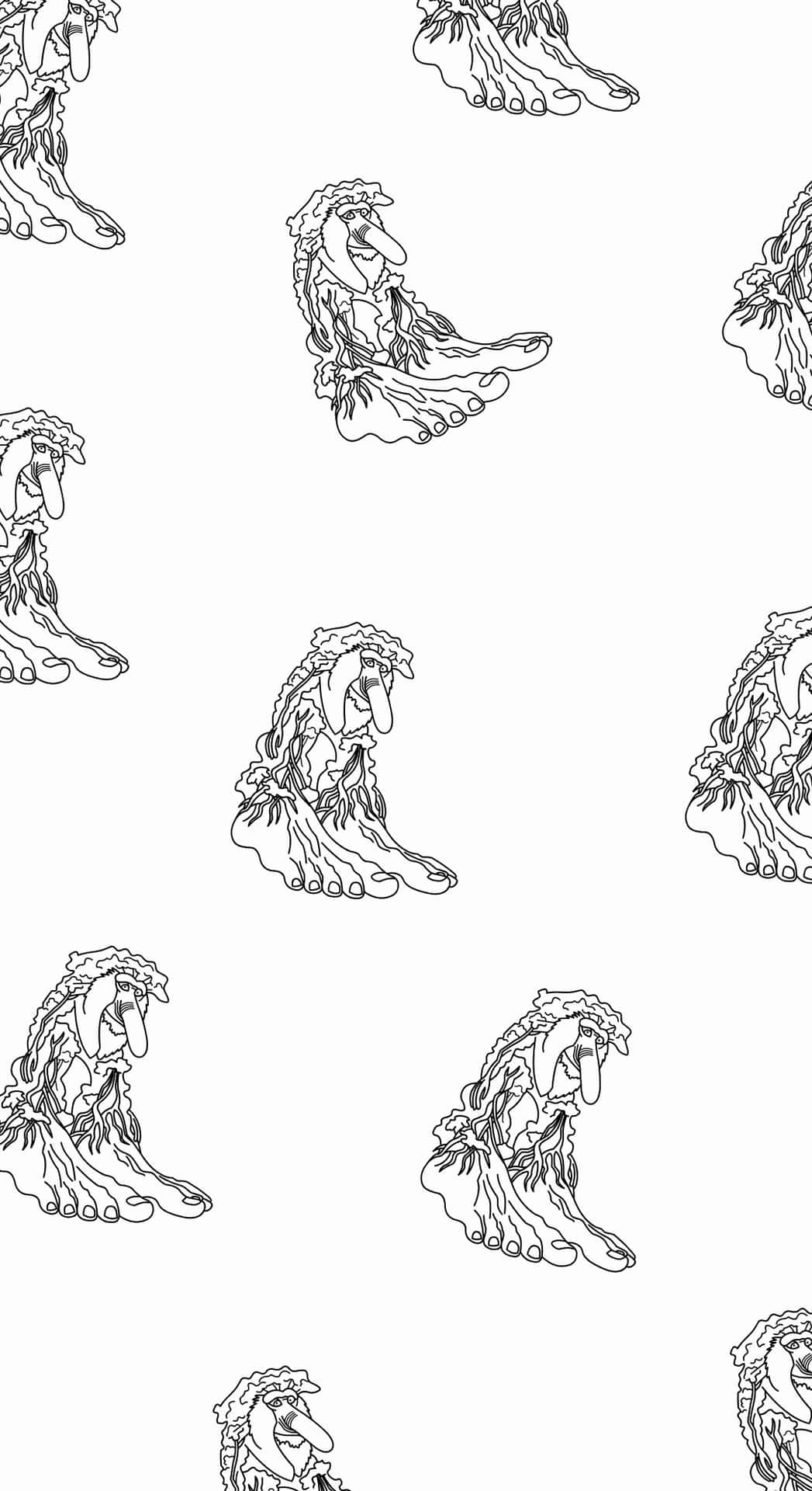  壁紙 — 重複的線條藝術圖案，描繪風格化的神話生物，身穿飄逸長袍，長喙，白色背景。