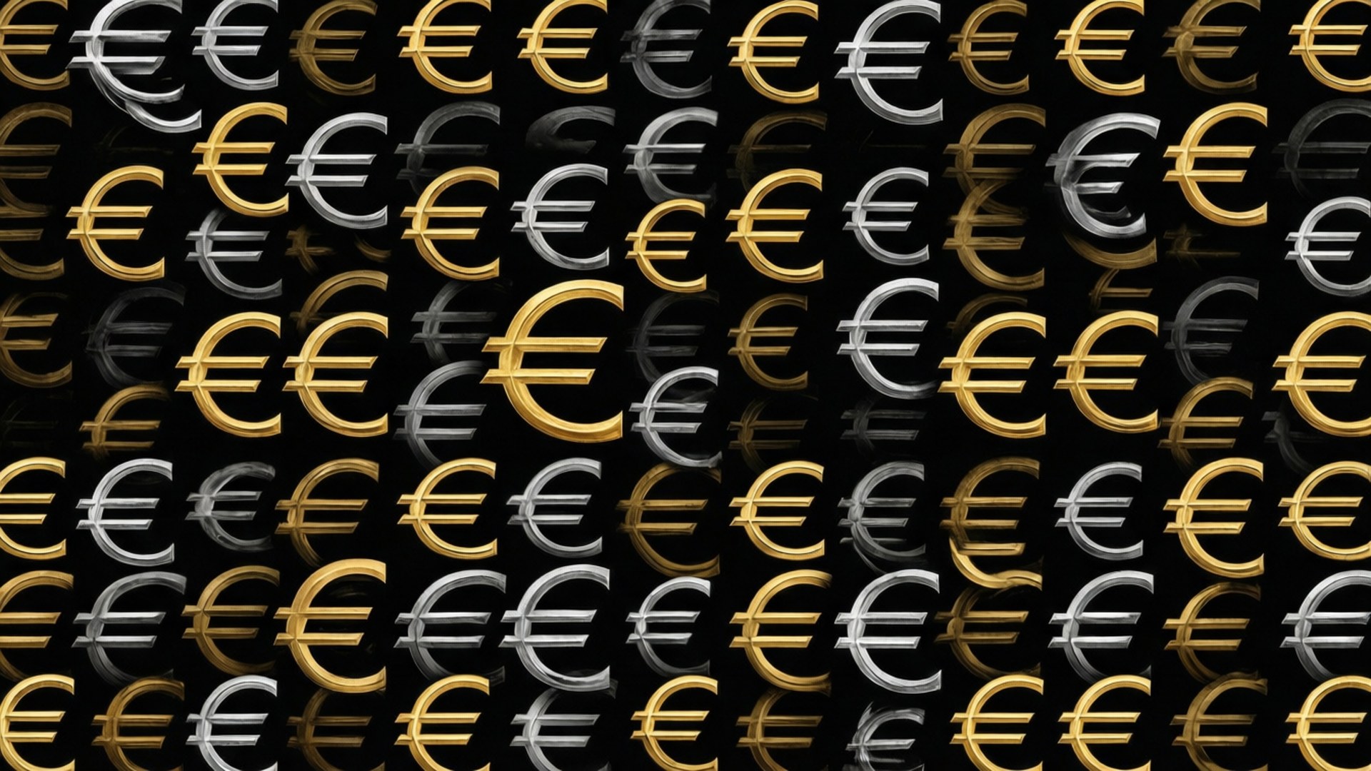 金色和銀色3D歐元符號在黑色反光背景上重複。