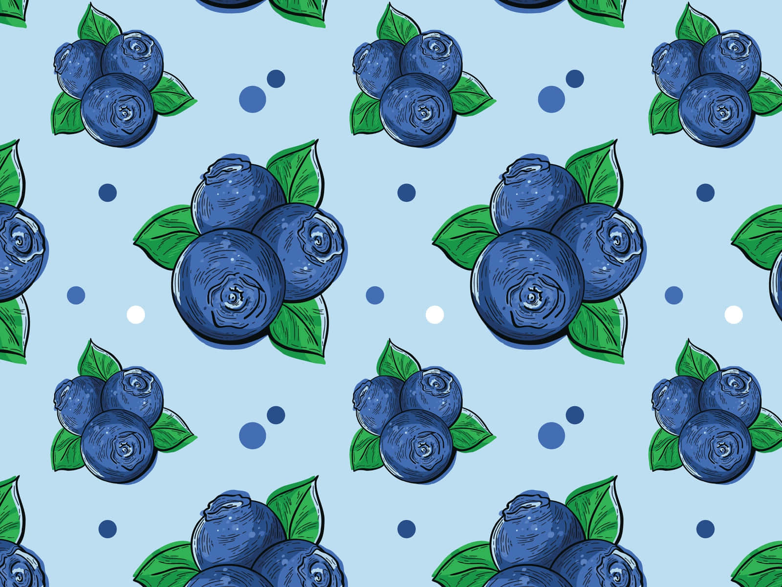 淺藍色圓點背景上帶有綠色葉子的藍莓串。
