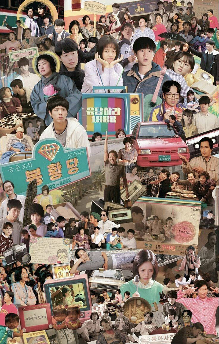 懷舊的韓國1980年代拼貼畫，包含人物、電視、汽車和紀念品。