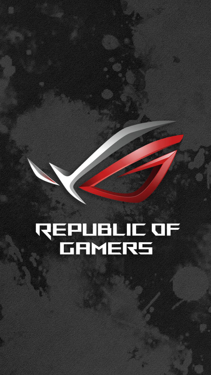Republic of Gamers 標誌，紅銀設計，深色紋理背景