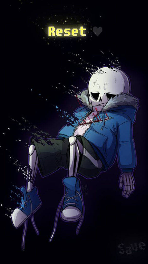 「Reset」骷髏溺水Tumblr iPhone壁紙 壁紙 — 一個穿著藍色連帽衫的像素藝術骷髏在黑暗背景上漂浮，帶有發光的文字 'Reset' 和 'Save'。