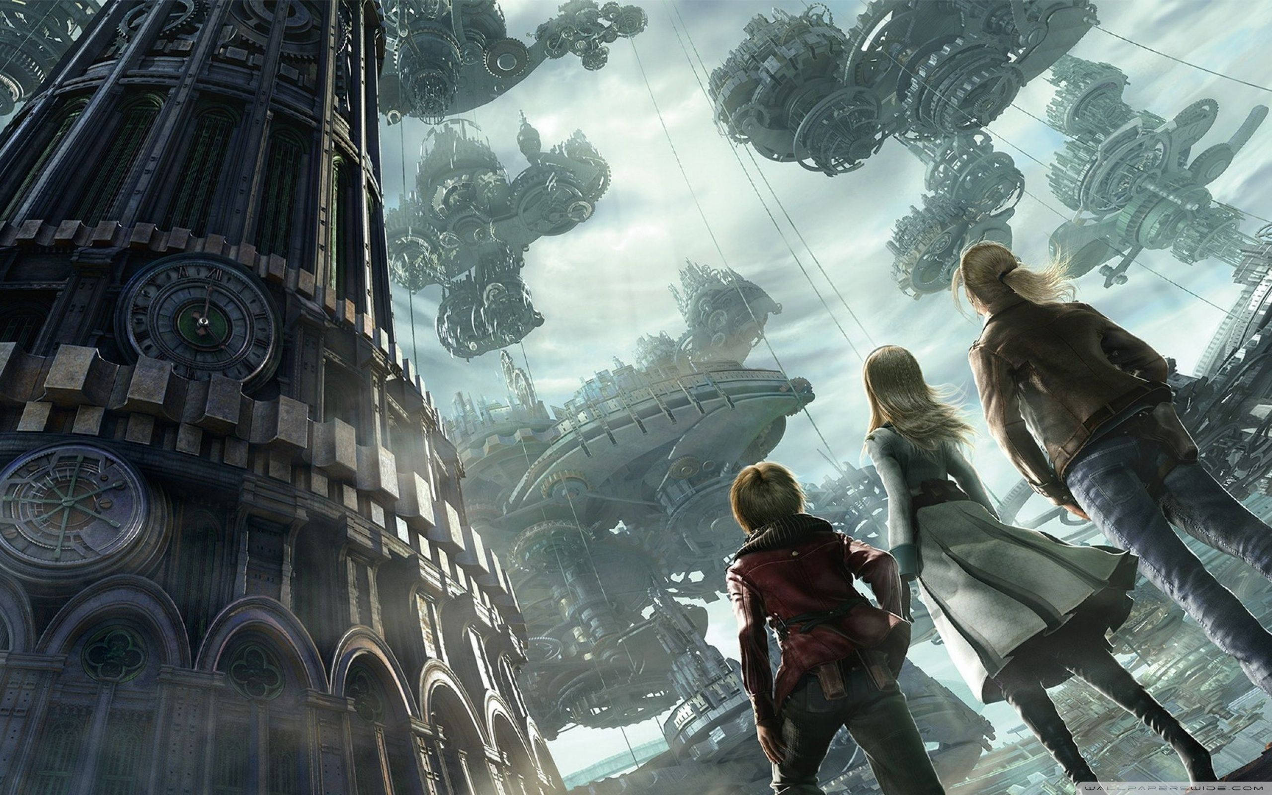 Resonance of Fate 三主角 壁紙 — 三位冒險者仰望懸浮在哥德式大教堂上方、巨大機械城市，天空多雲。