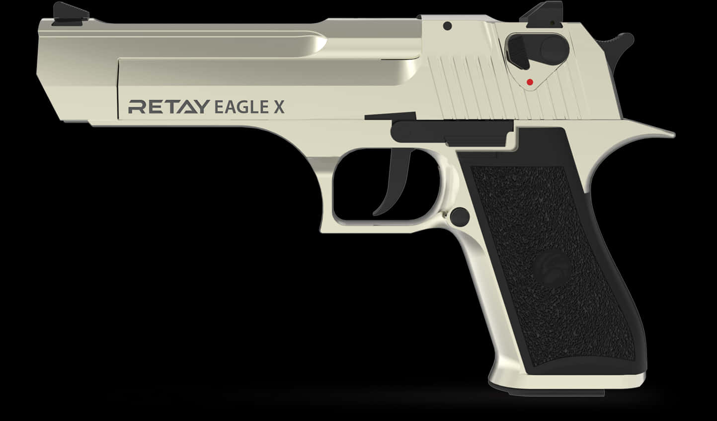Retay Eagle X手槍側視圖 壁紙 — 一支光滑的銀色Retay Eagle X手槍，配有黑色握把，孤立地立在純黑色背景上。