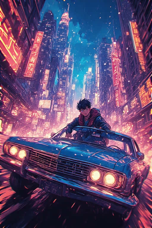 一個人在夜晚駕駛復古汽車穿過發光的未來城市。