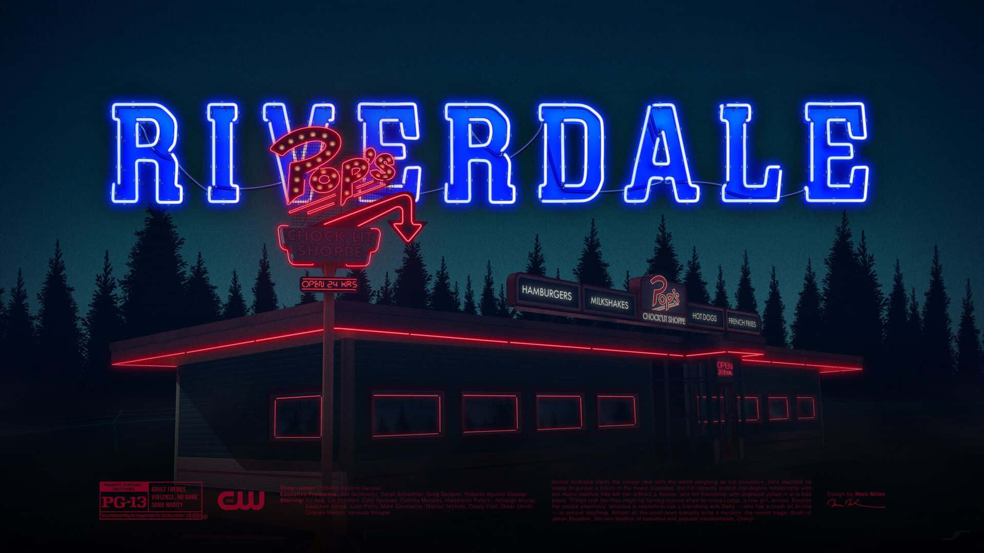 夜晚黑暗森林中霓虹燈照亮的Riverdale餐廳。