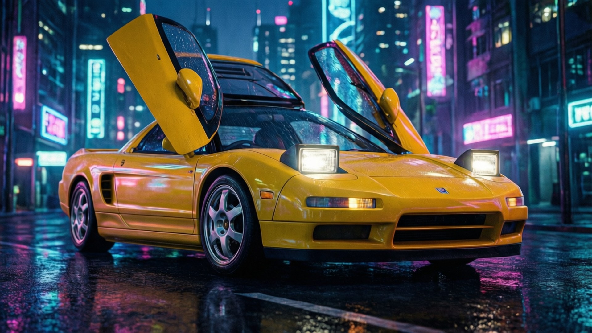 黃色跑車開門在潮濕霓虹街夜晚