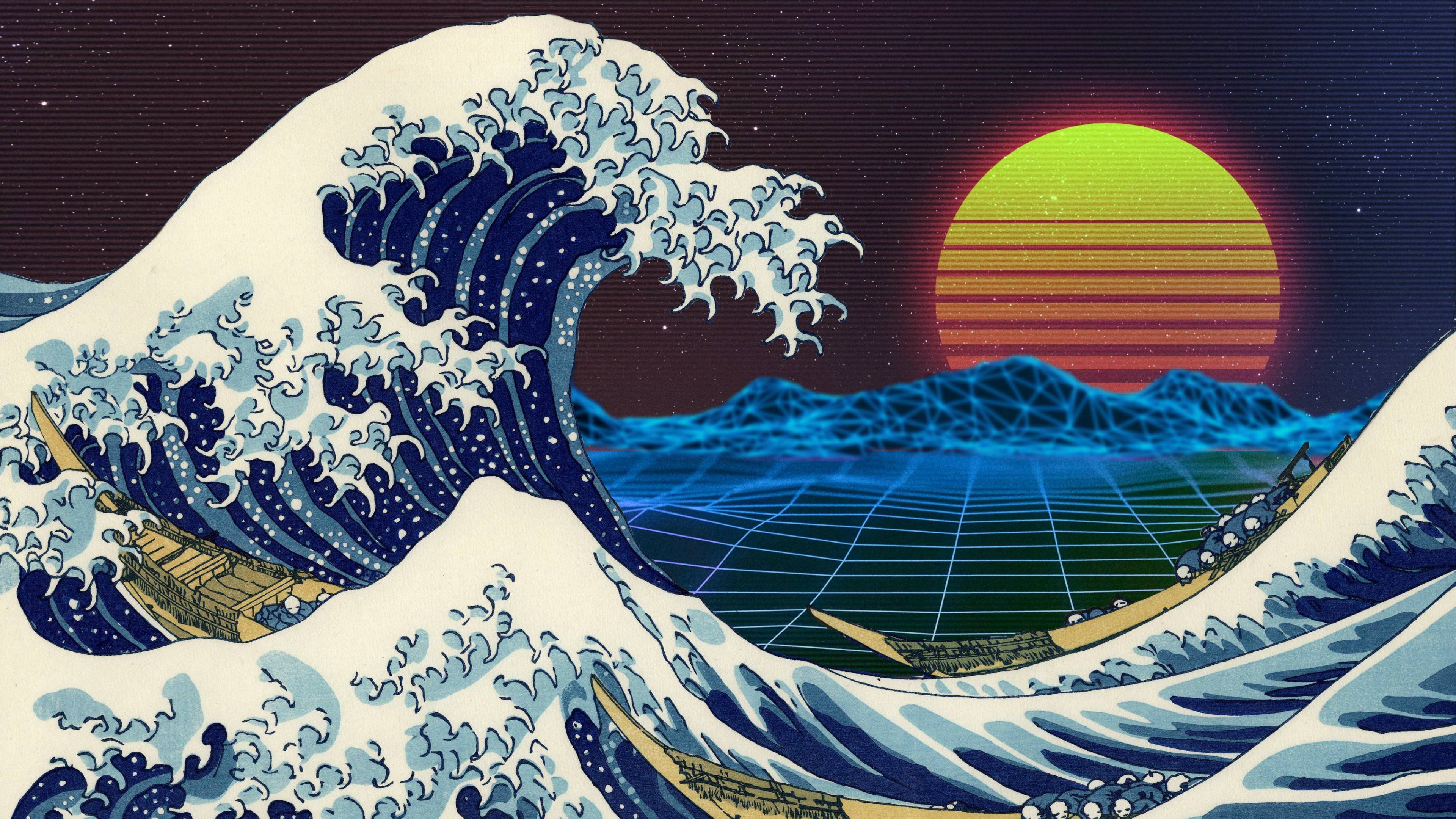 Wave 桌布 壁紙 — 復古未來風格的波浪融合了浮世繪風格與發光夕陽下的霓虹網格景觀。